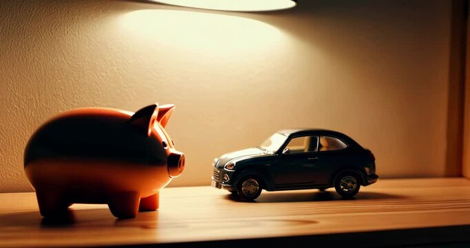 A cozy desk with a ceramic piggy bank and tiny metal car