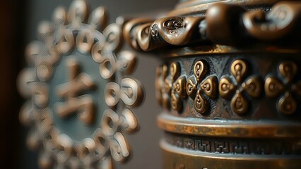 Ancient brass lock and chain on an old temple door, an antique metal art with ornate lion and gold decoration