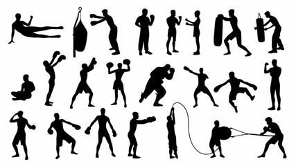 Silhouettes of boxers training with punching bags and ropes in various poses and stances on white background |eps vectors set