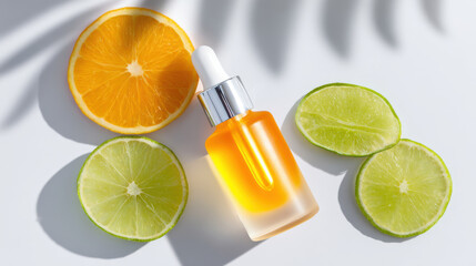 Vibrant vitamin C serum bottle is surrounded by fresh citrus fruit slices, including orange and lime, casting soft shadows on white surface