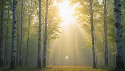 A forest in the early morning where the sun shines through the green leaves, a background image of a tranquil birch landscape