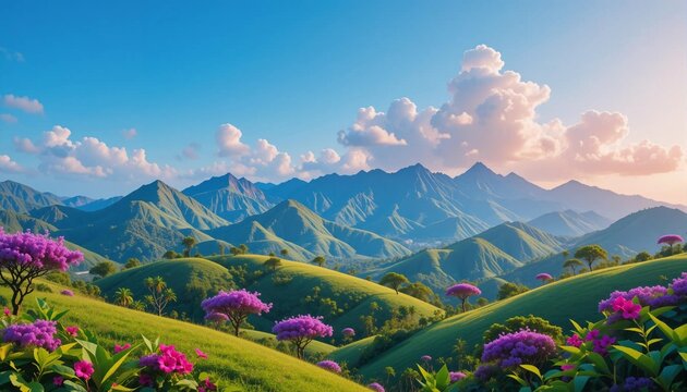 Mountain with Flowers, Landscape Background Image, Sky, Cloud, Nature, Season, Banner Texture Advertisement