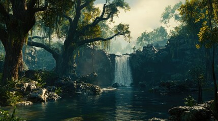 Serene waterfall cascading into a tranquil jungle pool, sunlight filtering through lush foliage