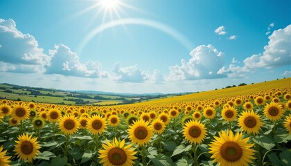 Obraz premium Landscape background image with sunflowers, sky, clouds, nature, landscape, flowers, seasons, banner textures advertising