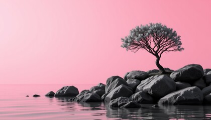 a monochrome image of calmness, positioned left, ,no text, no logo, pink gradient background