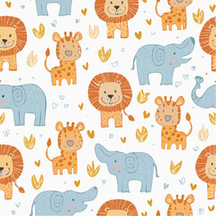 Fototapeta premium Fun doodle-style safari animals in a repeating pattern, ideal for kids' clothes, wrapping paper, or nursery