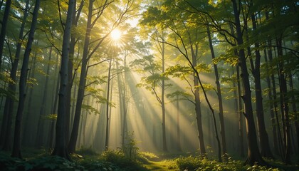 Fototapeta premium A forest in the early morning where the sun shines through the green leaves, a background image of a tranquil birch landscape