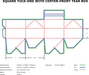Square tuck end box die cut template center front tear