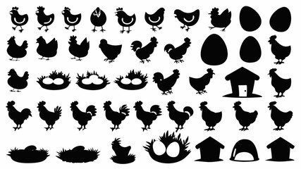 Silhouette collection of chickens roosters eggs and nests in various poses and farm house shapes isolated |eps vectors set