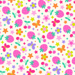 Colorful cute floral, berry fruit, butterfly and star seamless pattern background.