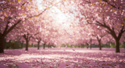 Naklejka premium A breathtaking view of a pathway, lined with blooming cherry blossom trees.