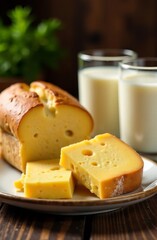 Healthy breakfast of milk, bread, cheese close-up. Milk in transparent glass cups. Cheese on a white plate. Baked aromatic yellow bread. World Health Day vertical concept
