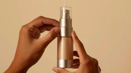 Refining radiance A person holding a shimmering bottle of liquid illuminator for the perfect glow