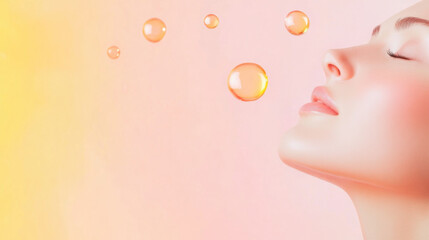 Serene woman with glowing skin is surrounded by floating vitamin C molecules on radiant background, symbolizing freshness and vitality