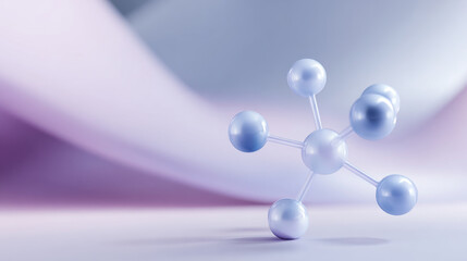 Stylized molecular structure with spherical nodes and connecting rods is isolated against minimal pastel backdrop, creating modern and scientific aesthetic