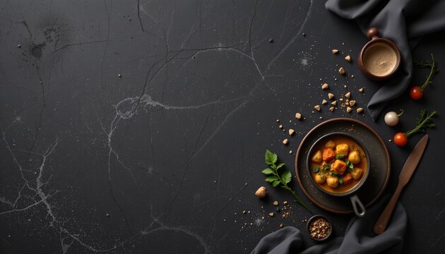 a hyperpop aesthetic of curry, positioned right, ,no text, no logo, charcoal background