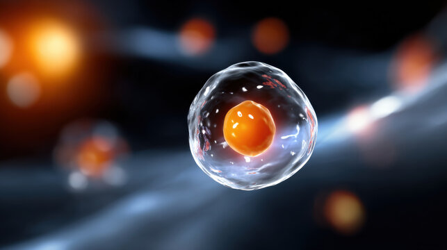 Highly detailed 3D rendering of single human cell floating in dark space, showcasing its nucleus and membrane with vibrant colors and glowing effects