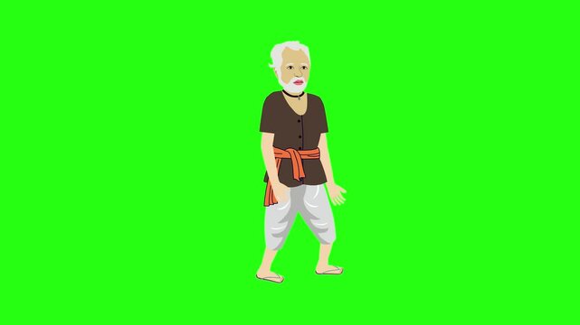 Grandfather cartoon character walking 2d animation video and green screen background