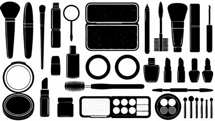 Illustration of various makeup products including brushes, lipsticks, and eyeshadow palettes and more |eps vectors set silhouette