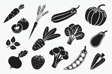 A set of 25 icons focusing on mixed vegetable item black color  designs.