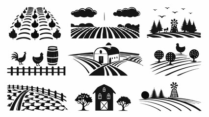 Fototapeta premium Collection of black and white farm scenes featuring barns, fields, animals, and agricultural elements |eps vectors set silhouette