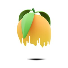 A stylized orange with dripping juice and green leaves isolated on a white background space