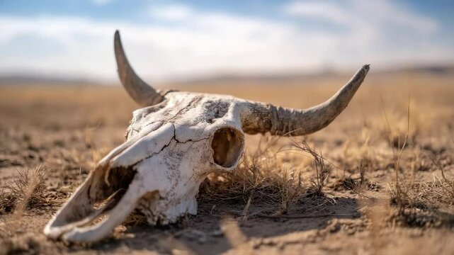 Animal skull resting on dry ground in a desert landscape 