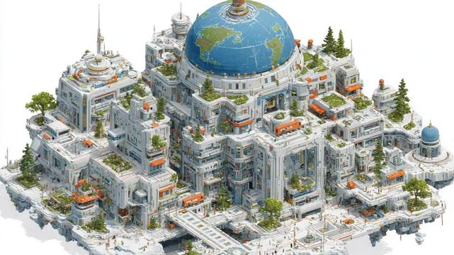 Futuristic Cityscape with Globe Dome, Modern Architecture and Green Spaces