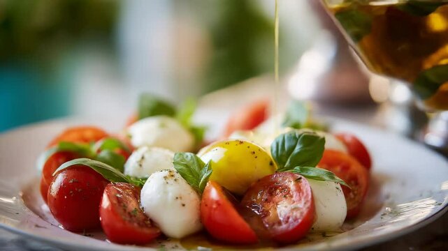 Close-up of pouring olive oil on fresh caprese salad