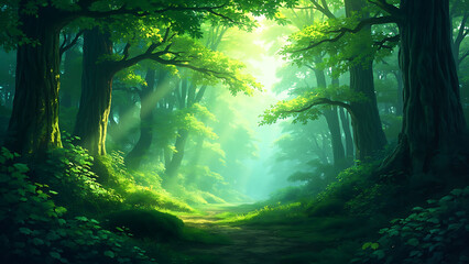 Mystical Sunlight Forest Scene | Enchanted Green Woods Nature Wallpaper
