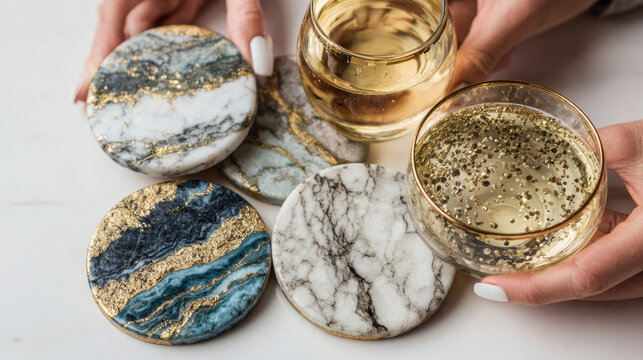 Elegant collection of marble coasters with gold accents and glass of sparkling wine on light marble surface for luxurious entertaining or home decor