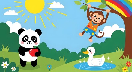 Naklejka premium Cartoon illustration of panda holding apple, monkey swinging, and duck in a pond scene