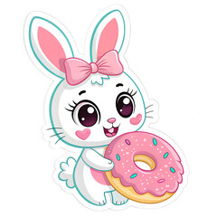 Cute cartoon sticker of a white bunny with pink and blue accents, wearing a pink bow, happily holding a pink frosted donut with sprinkles on a light grey background.