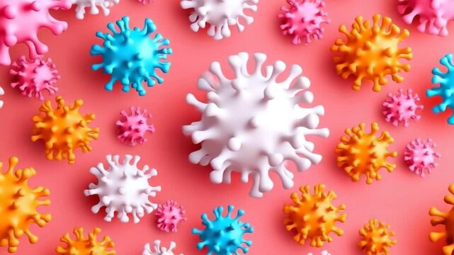 Colorful virus particle illustration with white, blue, orange, and pink shapes on pink background, representing microscopic infection agents in vibrant and dynamic pattern and medical concept image