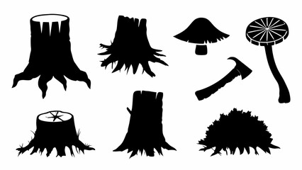 Naklejka premium Illustration of tree stumps, mushrooms, axe, and foliage in black silhouette on a white background design |eps vectors set
