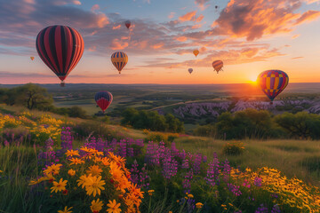 Obraz premium Dreamy green valley with purple and yellow wildflowers, sunrise sky, and hot air balloons floating.