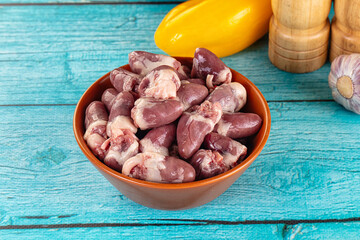 Raw chicken hearts for cooking