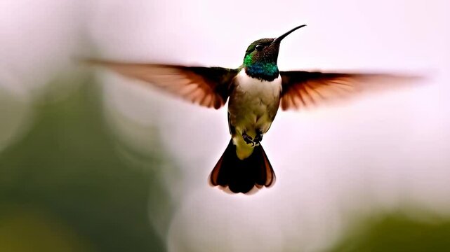 A hummingbird gracefully flits through the air with its delicate wings in motion.