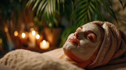 A woman enjoying a facial mask treatment with a towel wrap on her head, lying in a serene spa room with candles and green plants around.