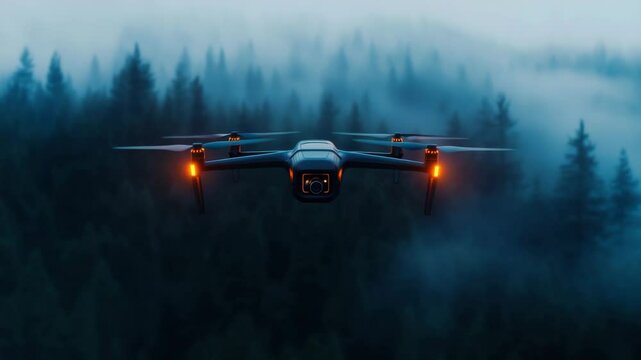 Drone flying over misty forest with glowing orange lights, capturing serene nature and outdoor aerial views in early morning fog using advanced camera technology