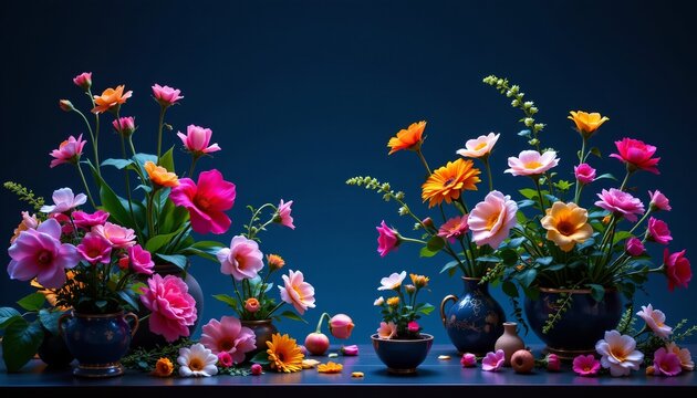 a sci fi scene of flower arranging, positioned left, ,no text, no logo, midnight blue background