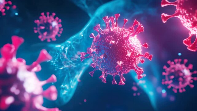 Coronavirus particle close up with spike protein structure and DNA strand, glowing pink and blue colors, representing virus infection, microscopic biology, disease pathogen, and coronavirus particle - Powered by Adobe