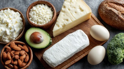 Fototapeta premium Assortment of fresh dairy products and healthy snacks including cheese eggs bread avocado broccoli almonds and coconut on a rustic surface