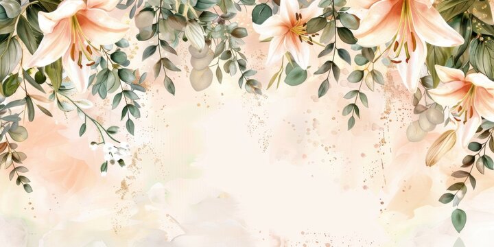 simple yet elegant watercolor baby shower banner with a warm beige and ivory-toned background, fading into a soft peach wash. Hanging from the top are white and pale blush lilies