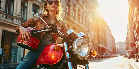 Female biker enjoys sunny morning ride on red motorcycle in vibrant city street