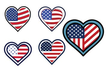 Obraz premium Set of American flag color heart shape vector illustration on white background.