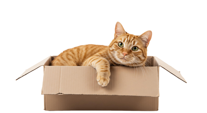 Orange tabby domestic feline in cardboard box cute pet animal adorable kitty playful kitten curious ginger