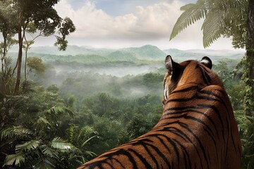 Fototapeta premium Tiger gaze over lush jungle canopy
