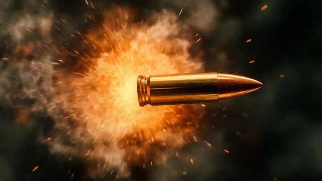 Close up of bullet projectile in mid flight with fiery explosion, fire and smoke trailing behind metal ammunition, capturing intense motion and high speed dynamics