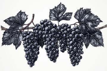 Obraz premium Detailed illustration of a bunch of dark grapes on a vine.